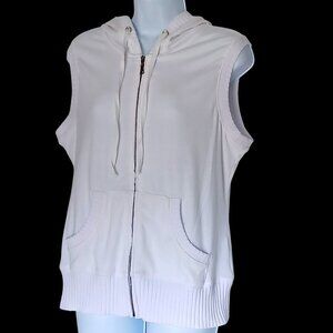 White Sleeveless Zip Up Hoodie Vest Kanga Pocket Ribbed Hem Soft Girl Wms Sz L